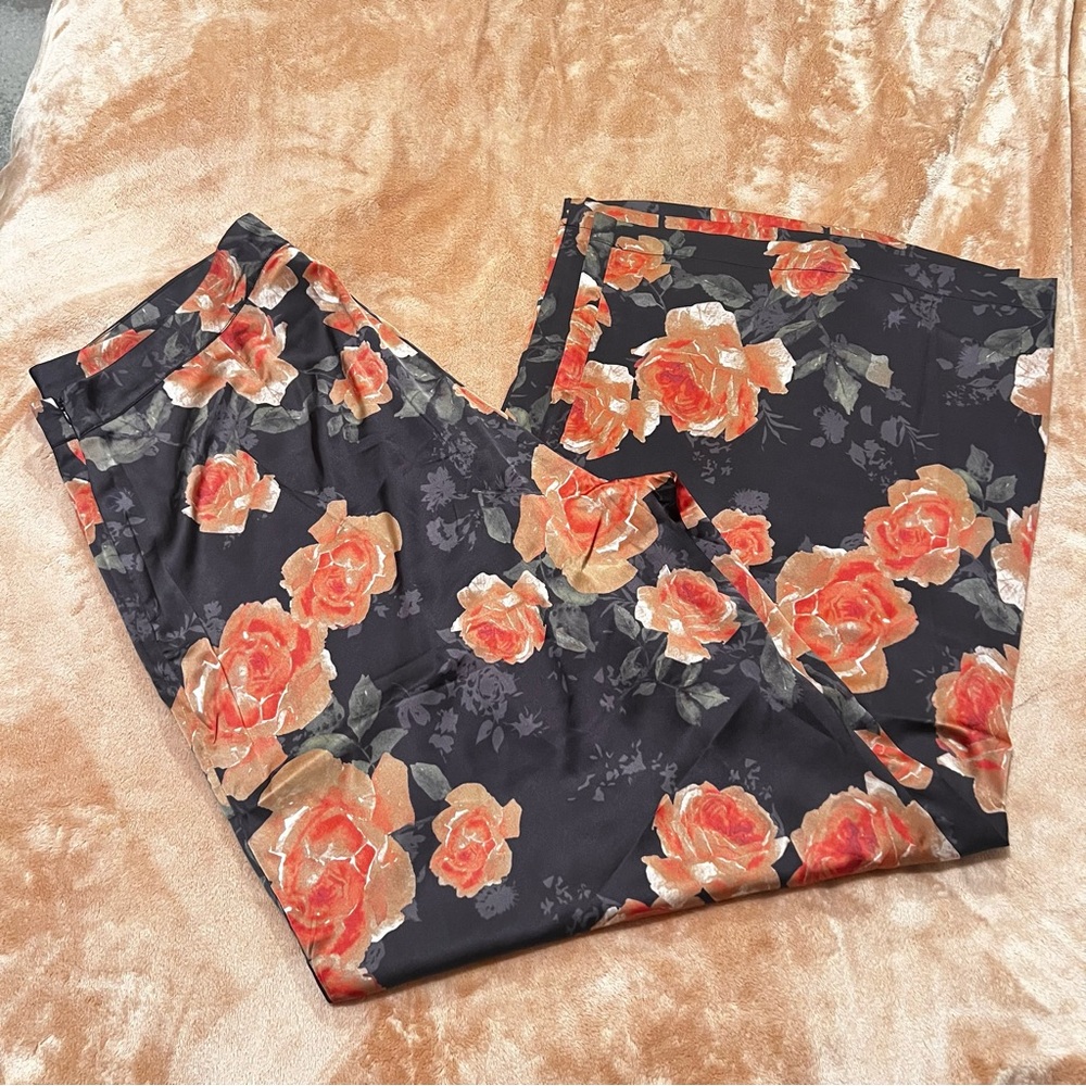 Satin Wide Leg Palazzo Pants | Dark Floral Black Size 2xl